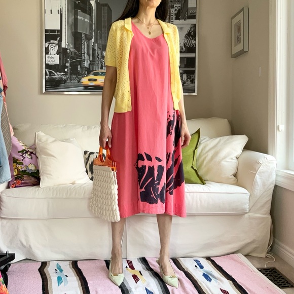 Coral A-line dress with black abstract print - Picture 2 of 10